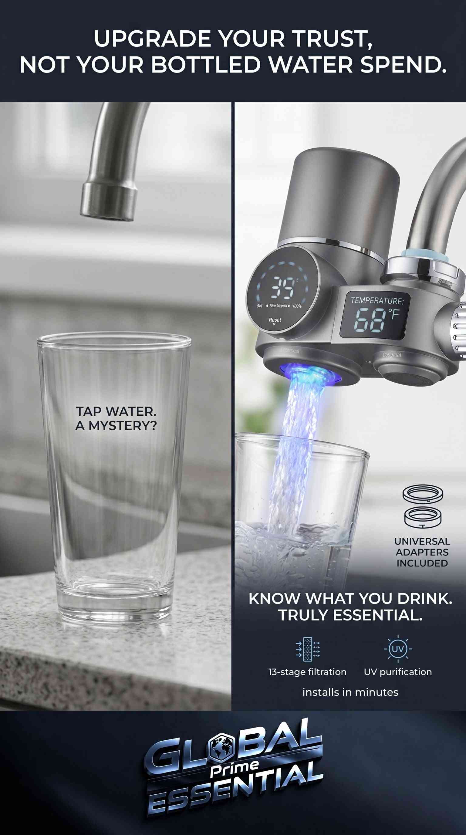 Global Prime Essential sink faucet water filter with 13-stage purification, UV light, and LED display for clean, fresh drinking water.