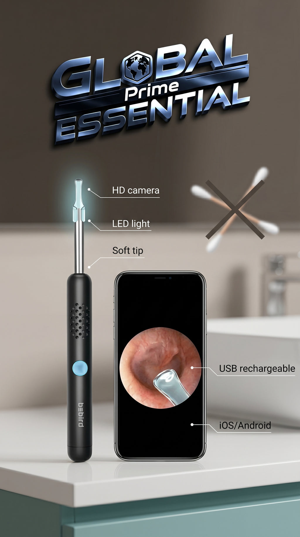 Inside view of the Global Prime Essential Smart Ear Wax Remover showing its ergonomic design and compact cleaning head.