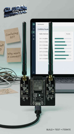 ESP32 DevKitC IoT development kit with NRF24L01 wireless modules, WiFi, and Bluetooth connectivity, shown with electronic components.