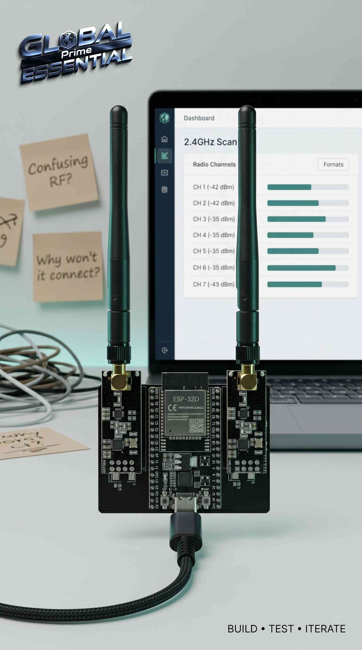 ESP32 DevKitC IoT development kit with NRF24L01 wireless modules, WiFi, and Bluetooth connectivity, shown with electronic components.