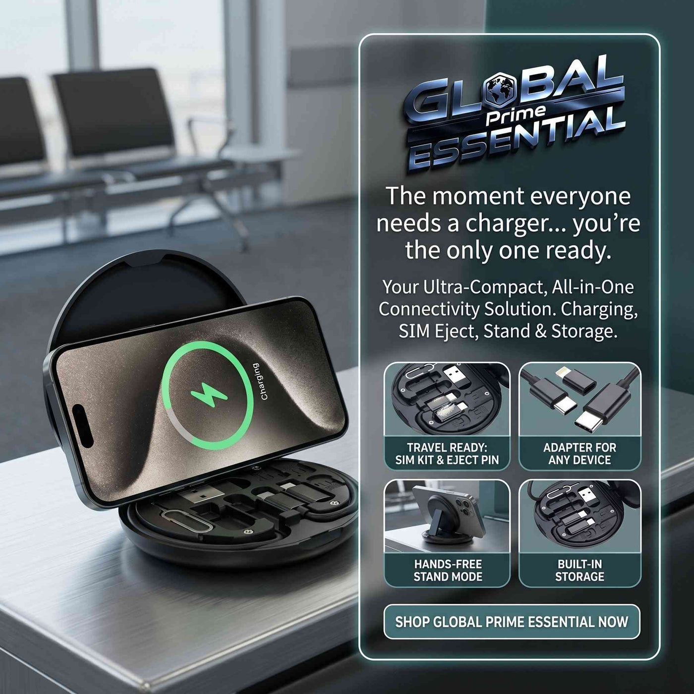 Global Prime Essential multi charging adapter kit with USB-C, Lightning, Micro USB, and USB-A cables for versatile device charging.