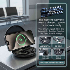 Global Prime Essential multi charging adapter kit with USB-C, Lightning, Micro USB, and USB-A cables for versatile device charging.