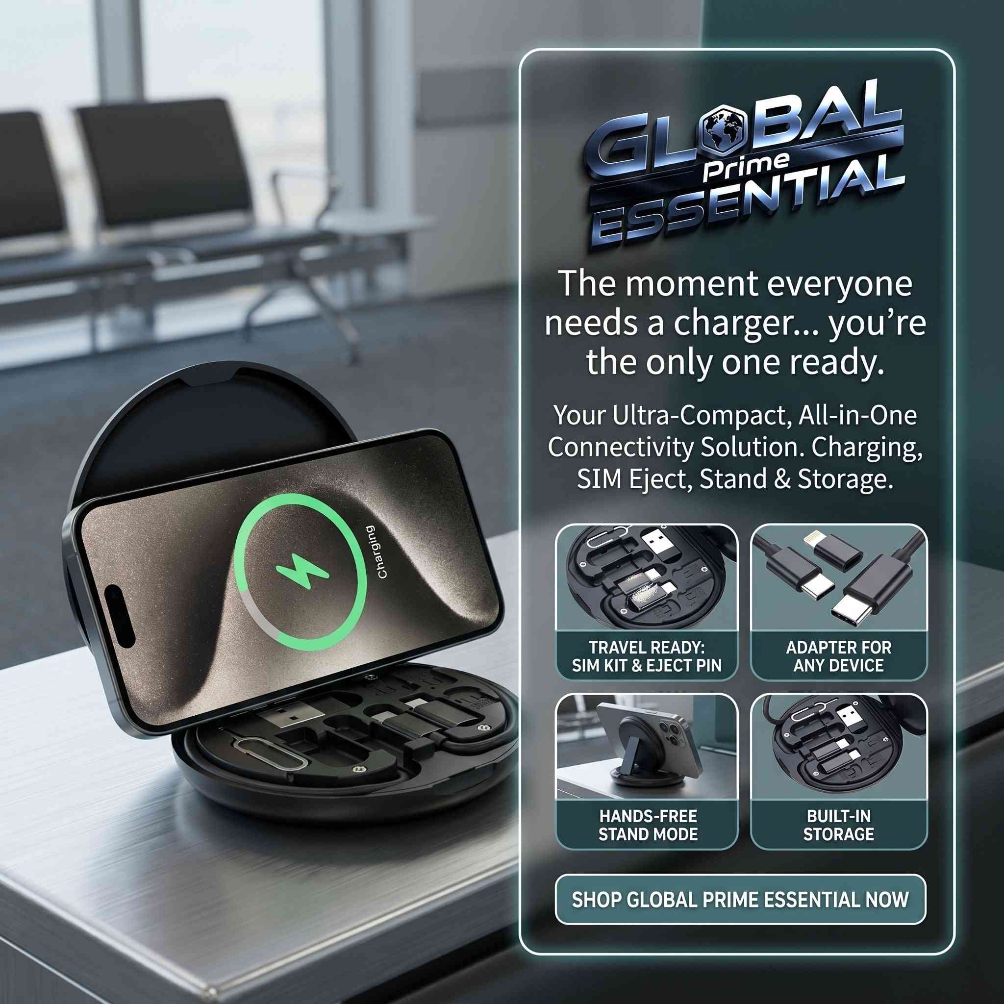 Global Prime Essential multi charging adapter kit with USB-C, Lightning, Micro USB, and USB-A cables for versatile device charging.
