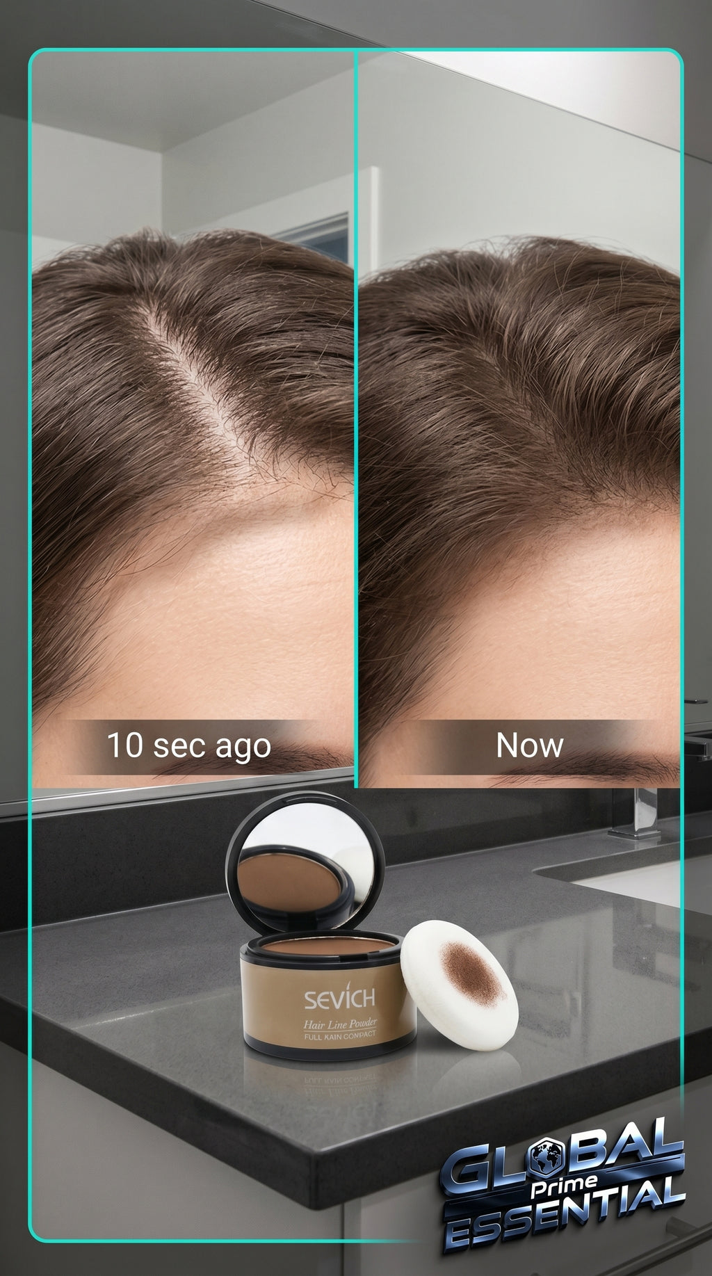 Global Prime Essential Hairline Powder for instant root filling, covering thinning areas and sparse hairlines naturally.