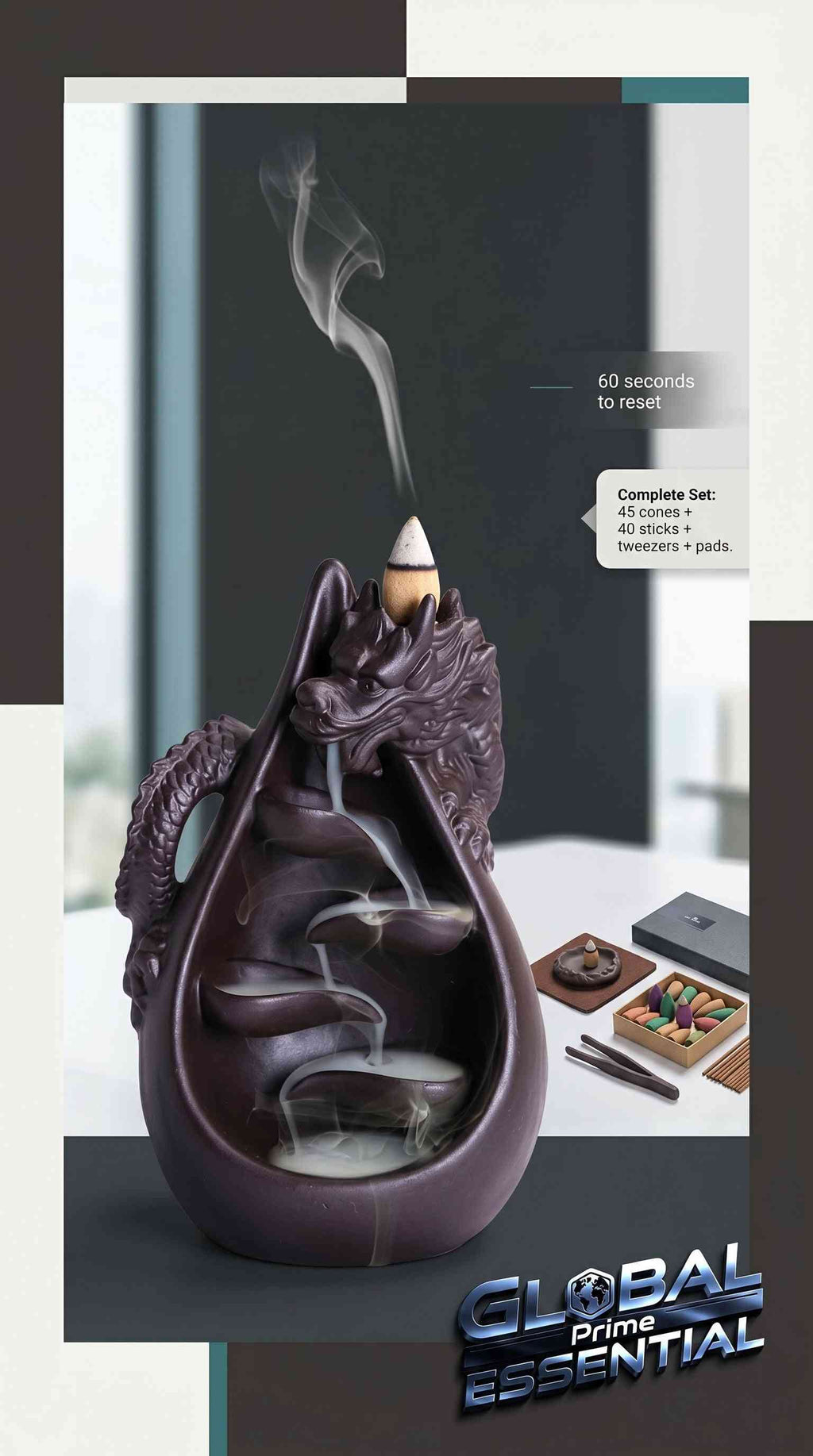 Ceramic dragon backflow incense burner set with waterfall effect, includes 45 cones and 40 sticks, by Global Prime Essential.