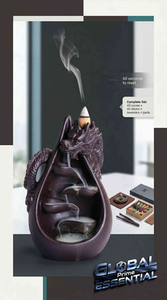 Ceramic dragon backflow incense burner set with waterfall effect, includes 45 cones and 40 sticks, by Global Prime Essential.