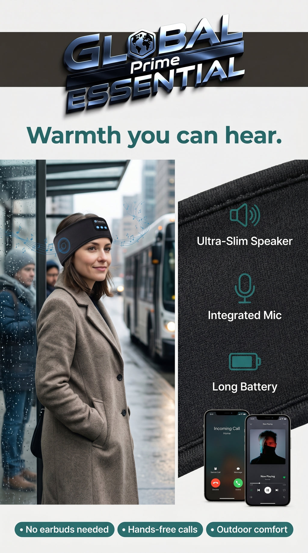 Global Prime Essential Bluetooth headscarf with built-in speakers for wireless music and calls, designed for outdoor comfort.