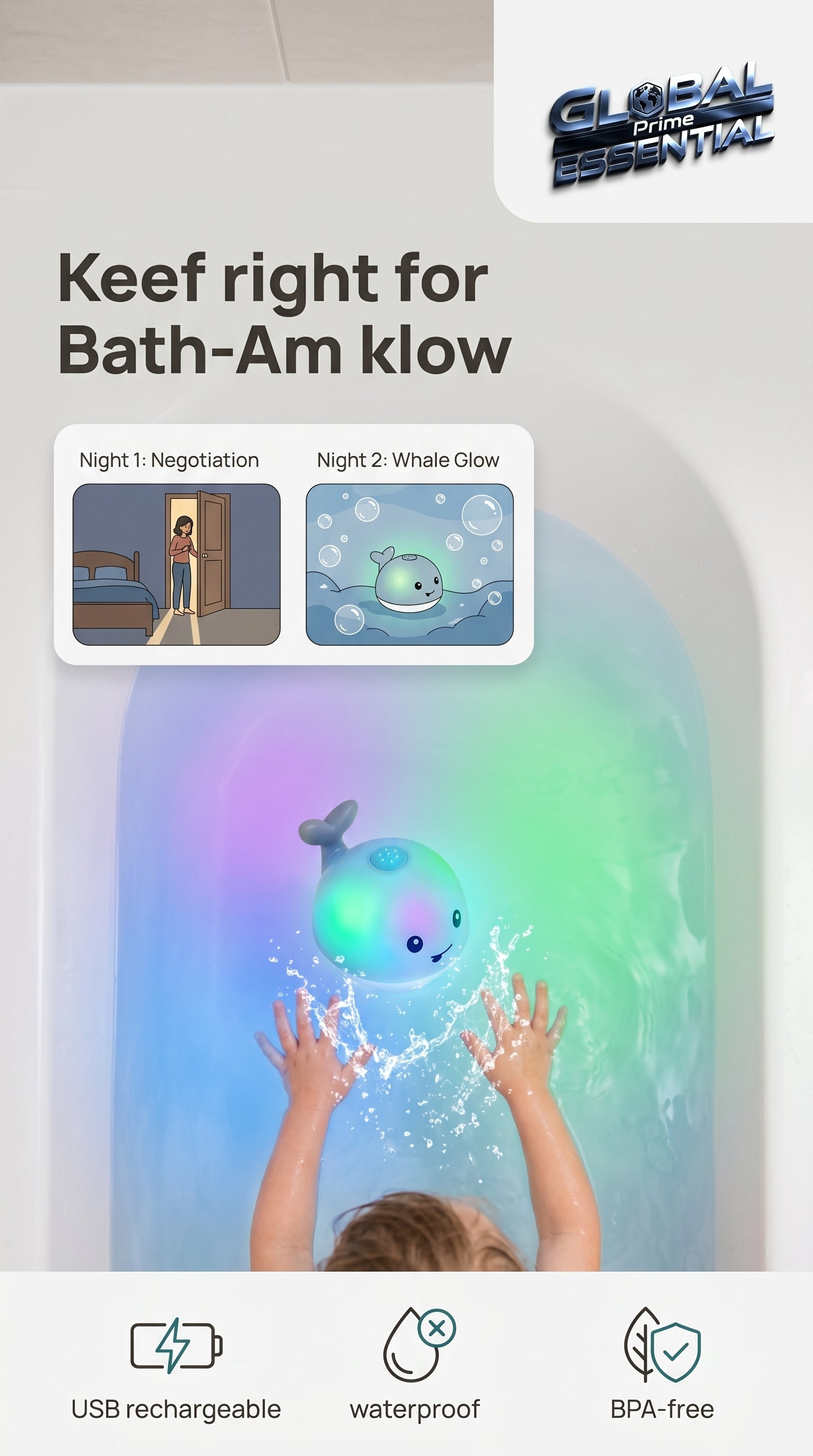 Rechargeable whale-shaped bath toy by Global Prime Essential, featuring glowing lights for entertaining and soothing bath time for babies.
