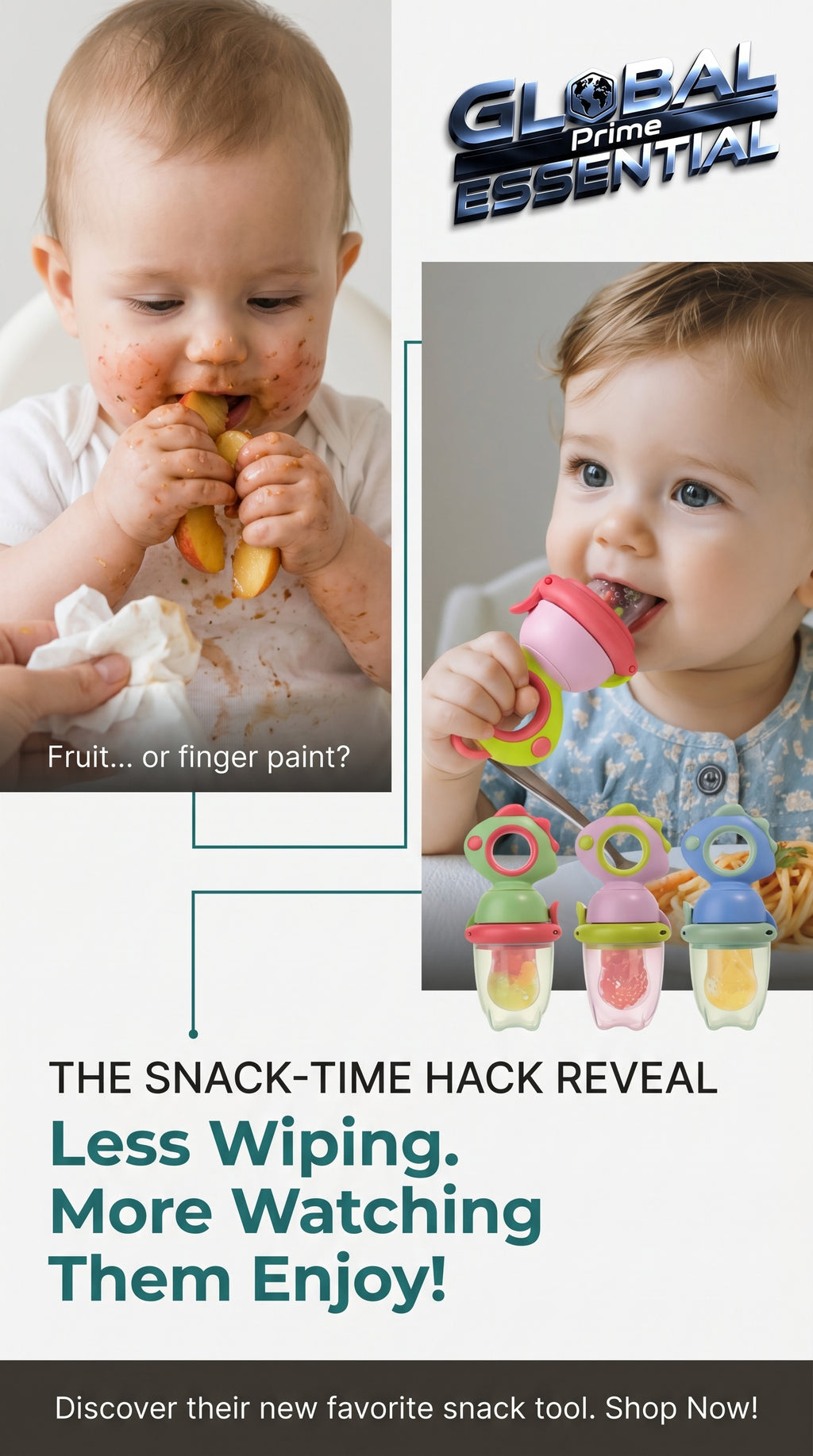 Global Prime Essential baby fruit squeezer feeder with colorful fruit puree, designed for mess-free, healthy snacks for little ones