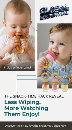 Global Prime Essential baby fruit squeezer feeder with colorful fruit puree, designed for mess-free, healthy snacks for little ones