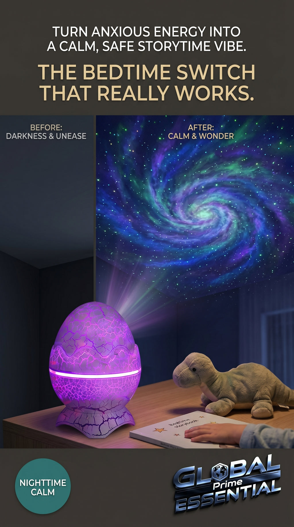 Global Prime Essential Dinosaur Egg Galaxy Projector displaying a colorful starry sky night light for kids.