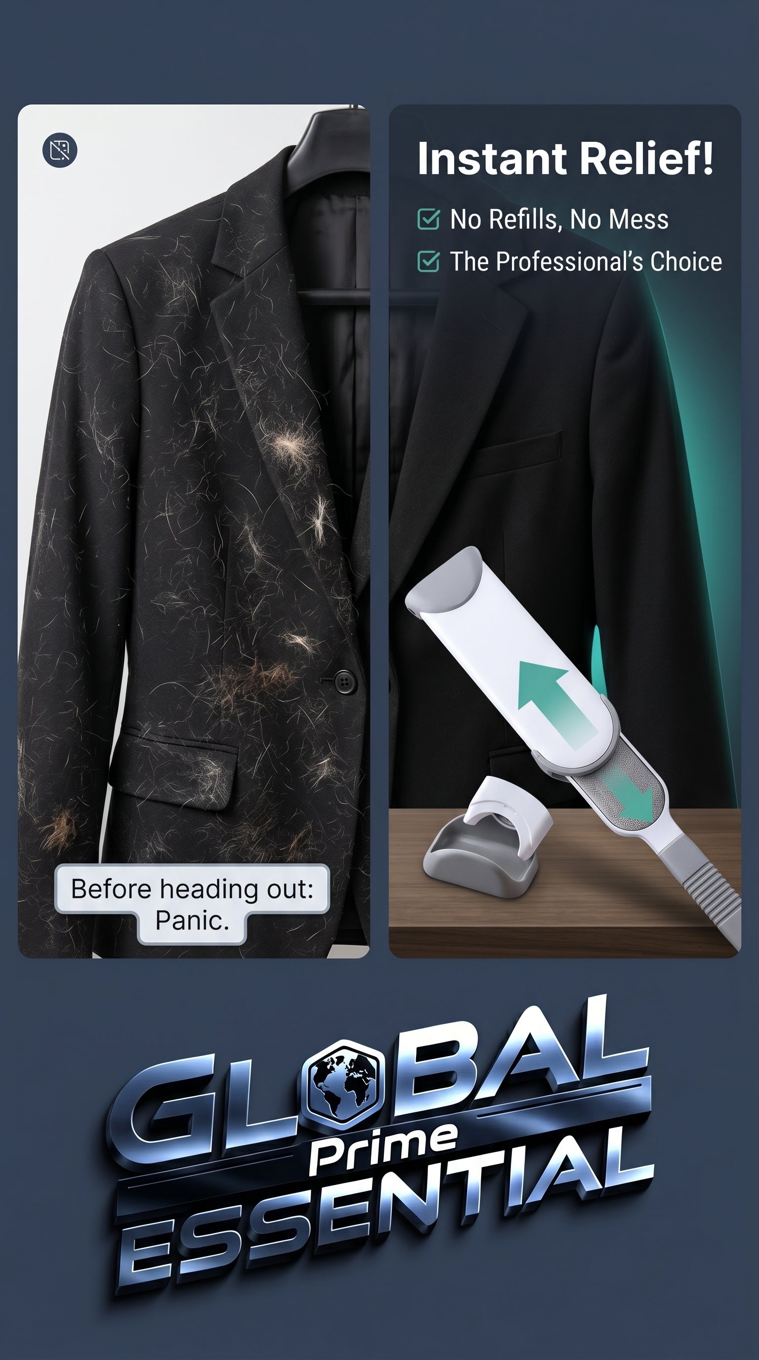 Global Prime Essential self-cleaning lint remover brush for pet hair and lint, reusable cleaning tool with no refills needed.