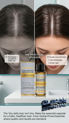 Global Prime Essential Hair Growth Oil bottle with nourishing scalp treatment for thicker, fuller hair and healthier hair growth.