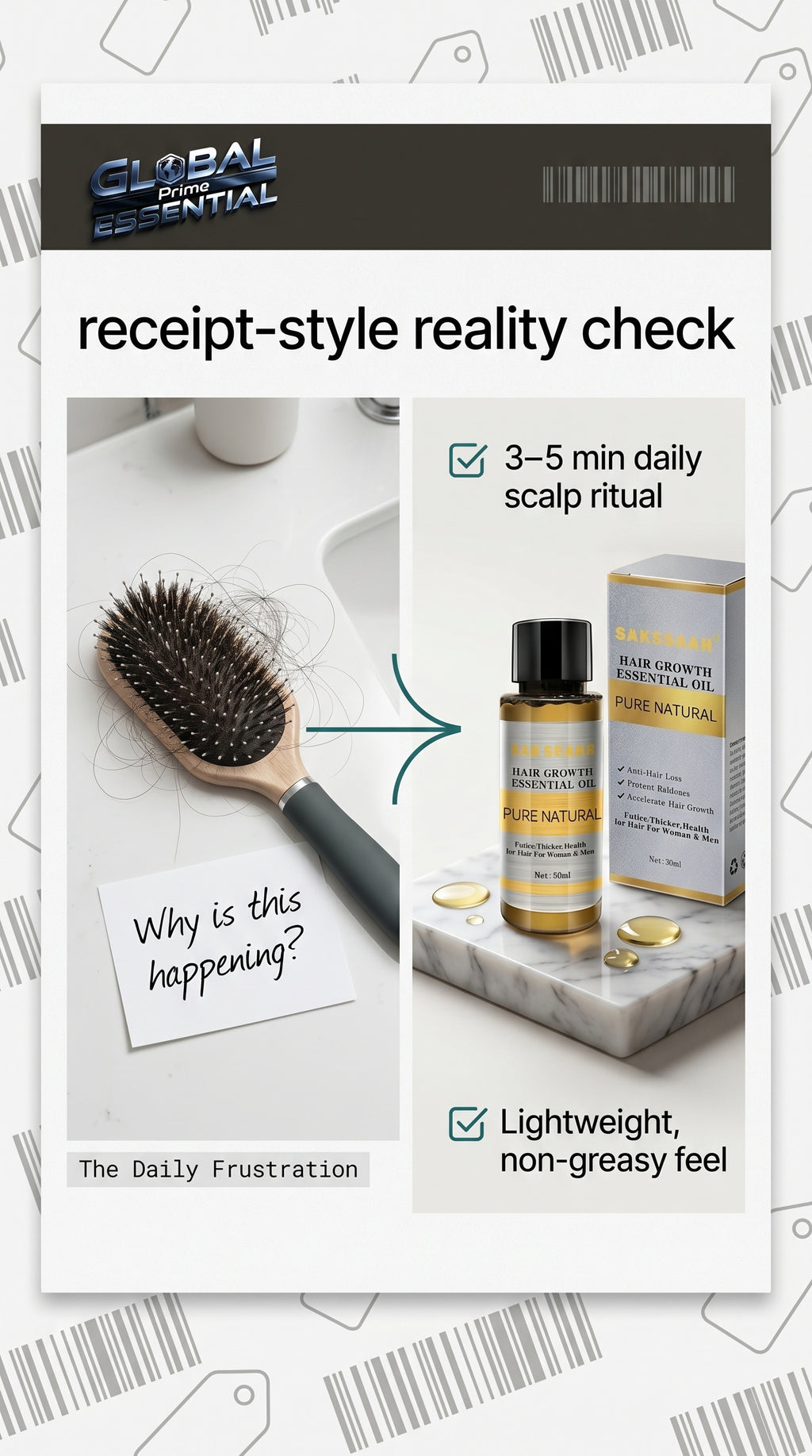 Global Prime Essential Hair Growth Oil bottle with nourishing scalp treatment for thicker, fuller hair.