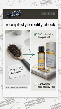 Global Prime Essential Hair Growth Oil bottle with nourishing scalp treatment for thicker, fuller hair.