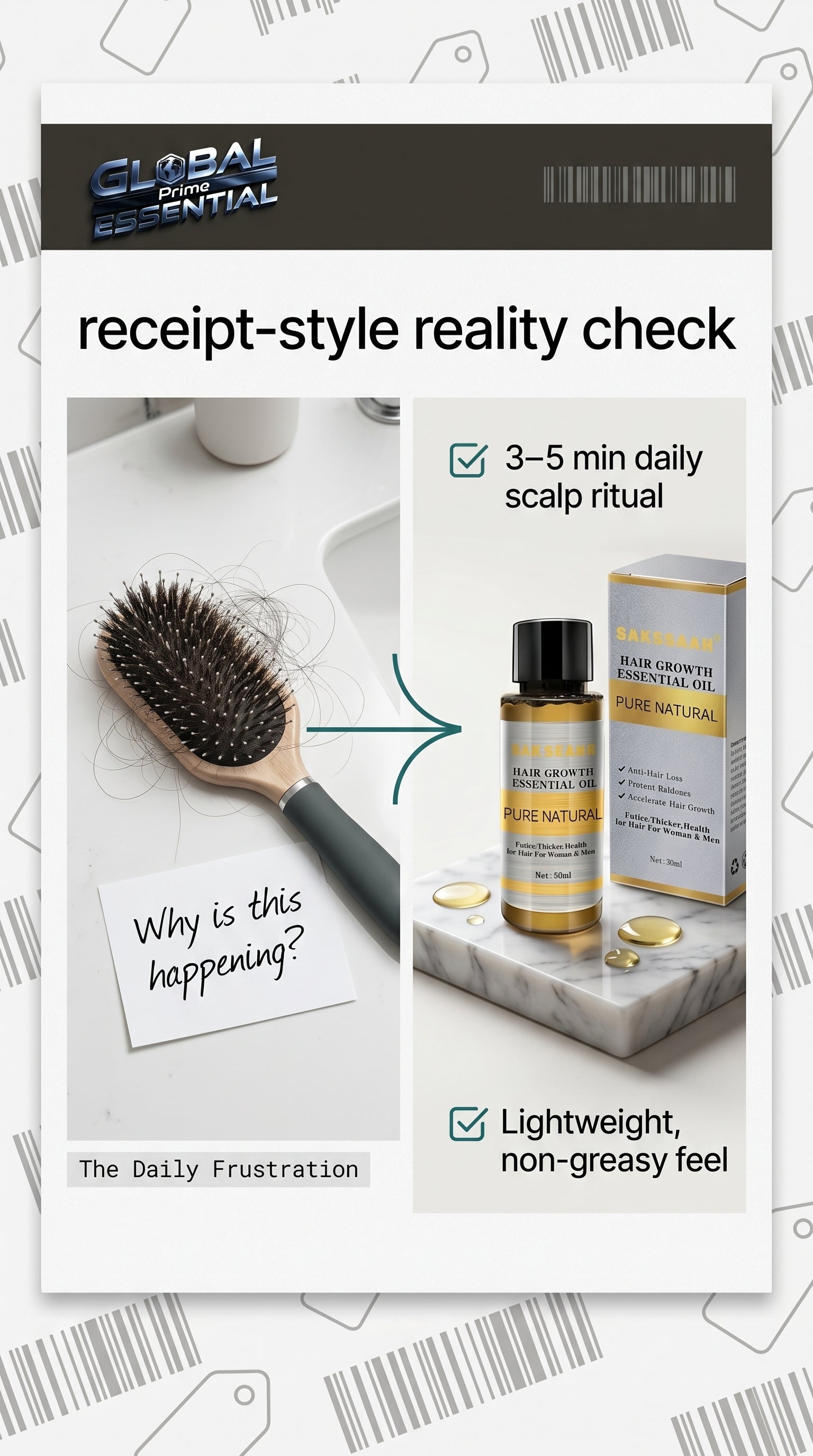 Global Prime Essential Hair Growth Oil bottle with nourishing scalp treatment for thicker, fuller hair.