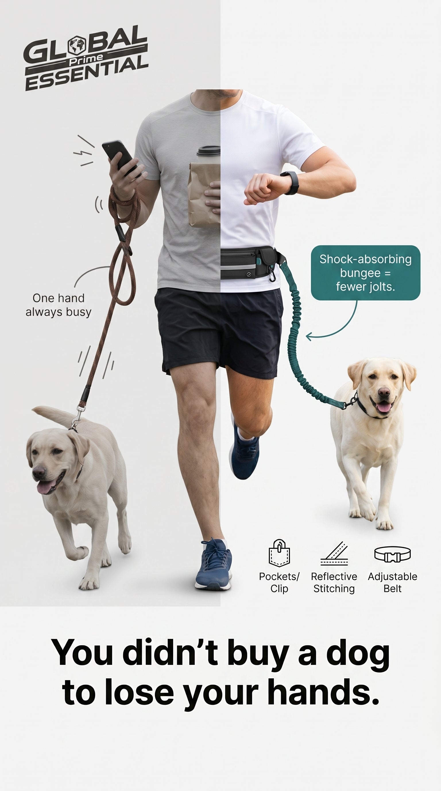 Hands-free dog leash by Global Prime Essential, adjustable leash for comfortable hands-free walking with your dog.