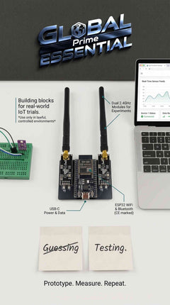 Hands-on view of Global Prime Essential ESP32 DevKitC IoT development kit with NRF24L01 wireless modules, WiFi, and Bluetooth connectivity.