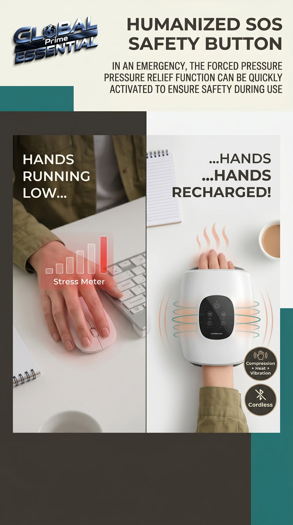Wireless electric hand massager by Global Prime Essential being used on hands for relaxation and soothing massage.