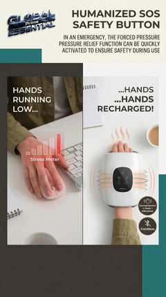 Wireless electric hand massager by Global Prime Essential being used on hands for relaxation and soothing massage.