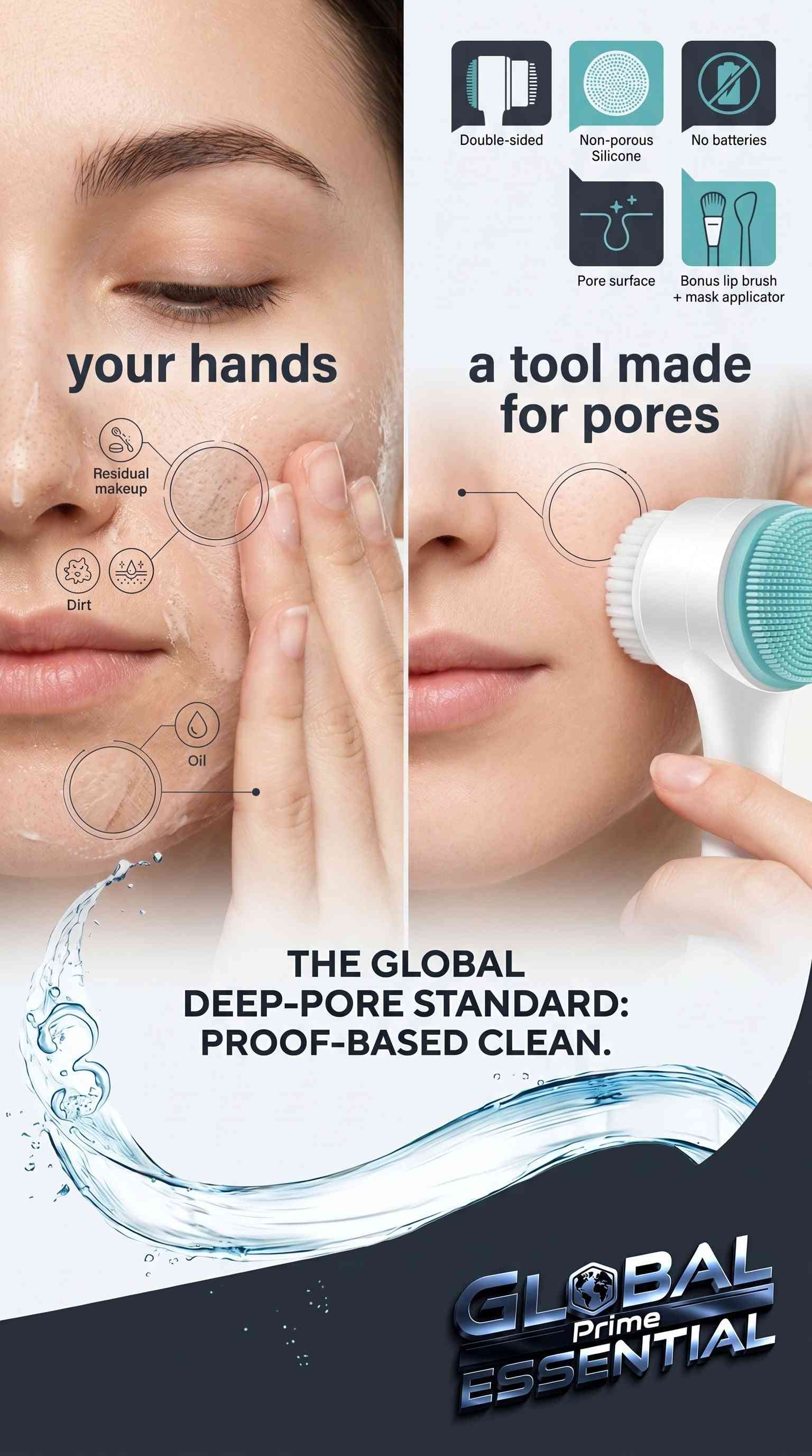 Hands holding the Global Prime Essential 2-in-1 silicone facial cleansing brush for deep pore cleansing, exfoliating, and facial massage.