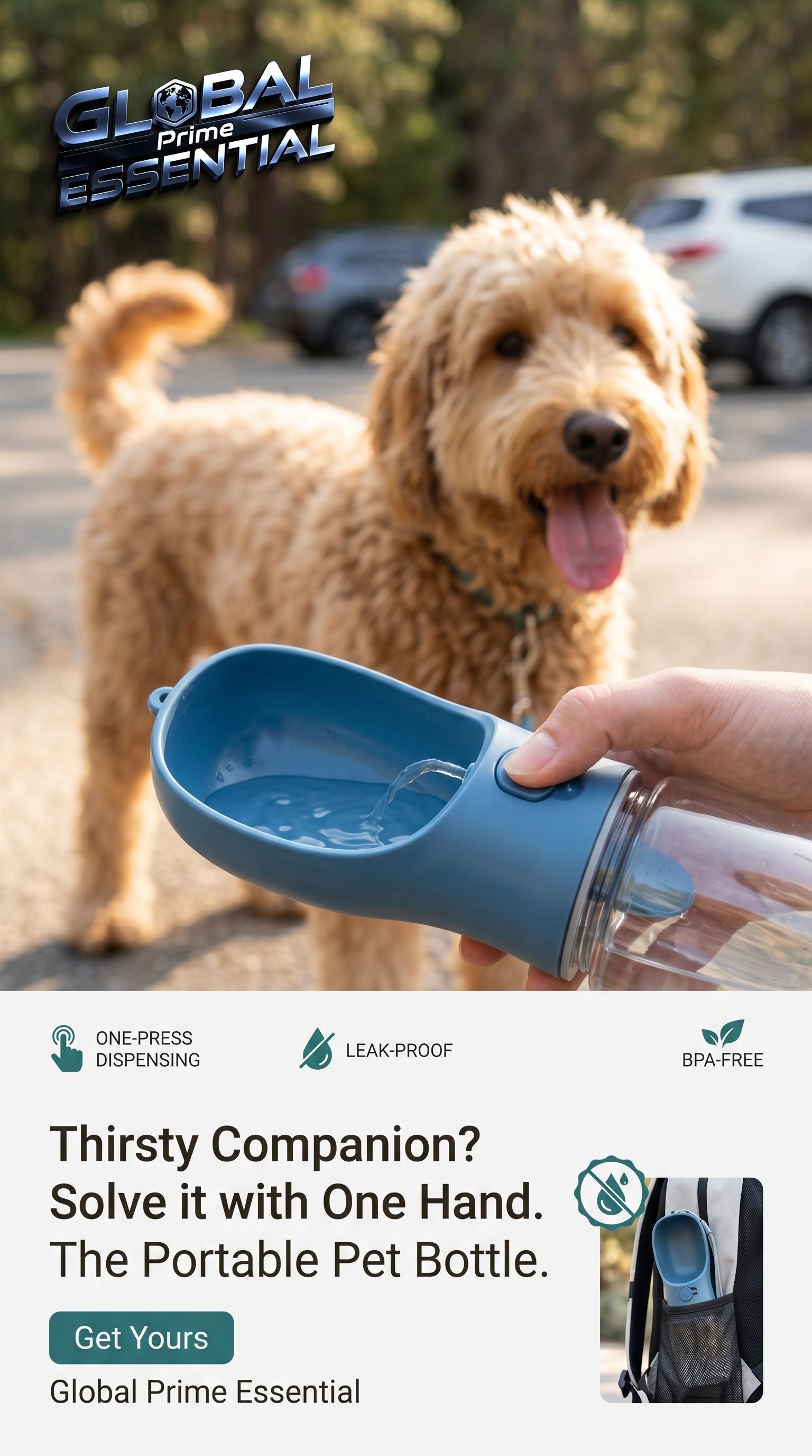 Global Prime Essential portable pet water bottle with a happy dog beside it, ideal for outdoor hydration on walks.