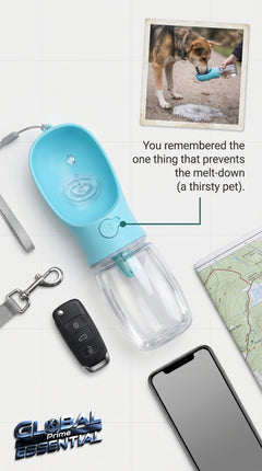 Global Prime Essential portable pet water bottle with a happy dog, ideal for on-the-go hydration during outdoor walks.
