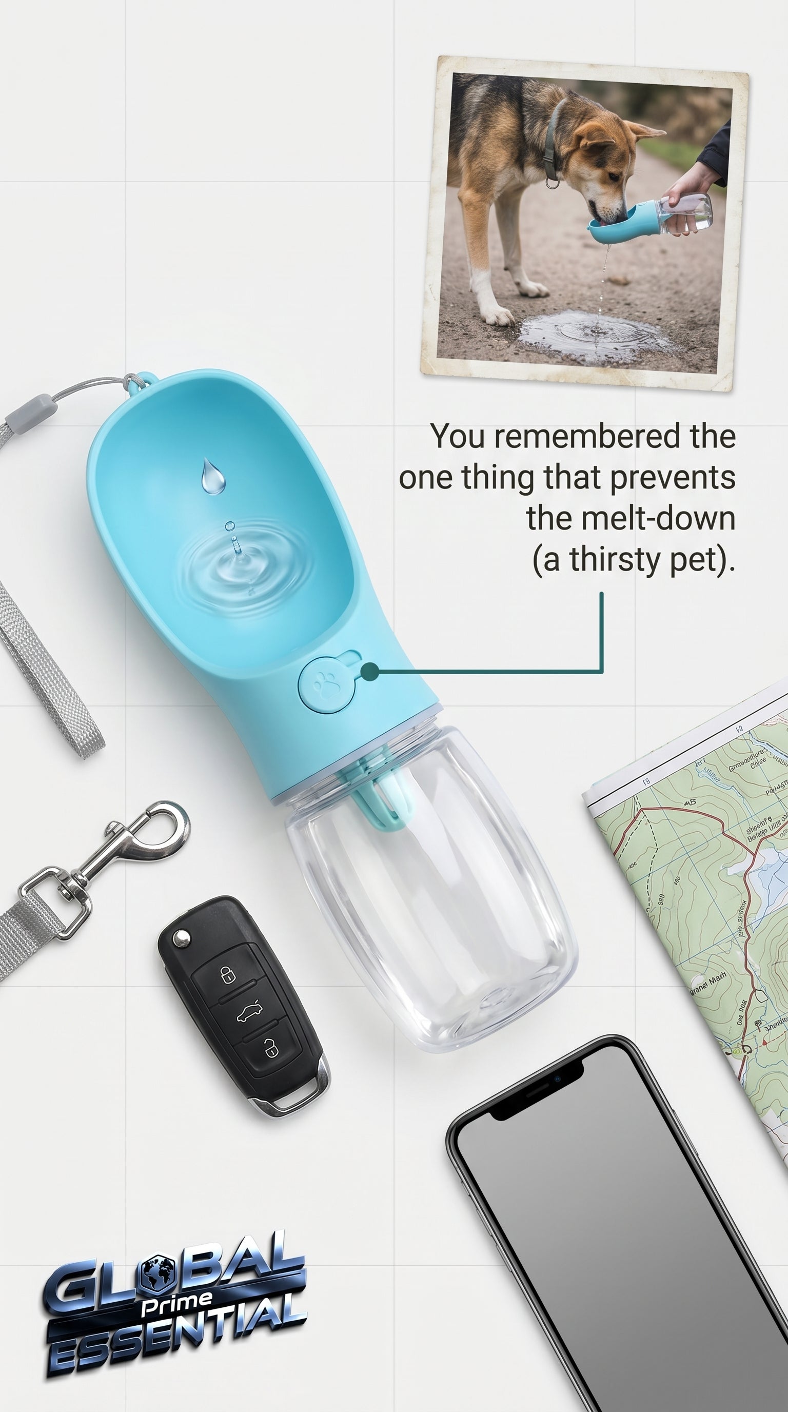Global Prime Essential portable pet water bottle with a happy dog, ideal for on-the-go hydration during outdoor walks.
