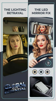 Global Prime Essential LED car makeup mirror with adjustable lighting modes, high clarity, and portable design, shown with bright car lights.