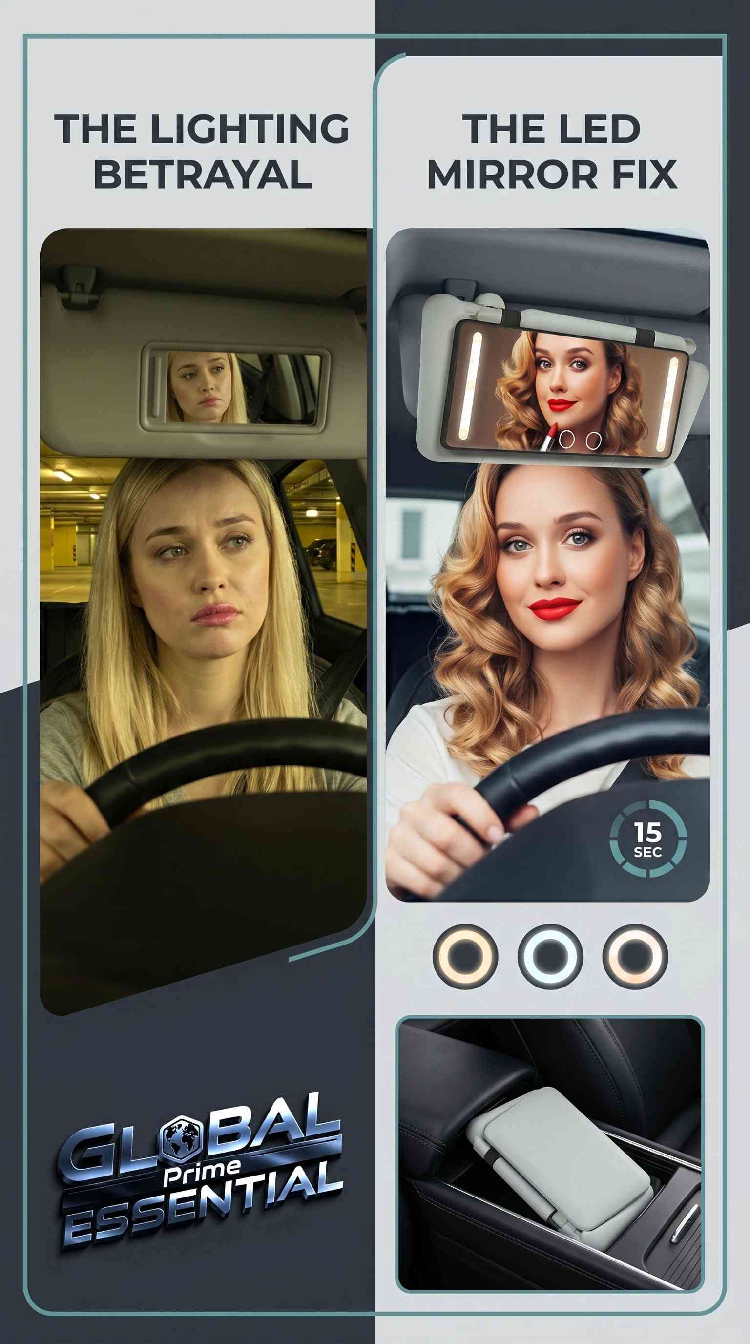 Global Prime Essential LED car makeup mirror with adjustable lighting modes, high clarity, and portable design, shown with bright car lights.