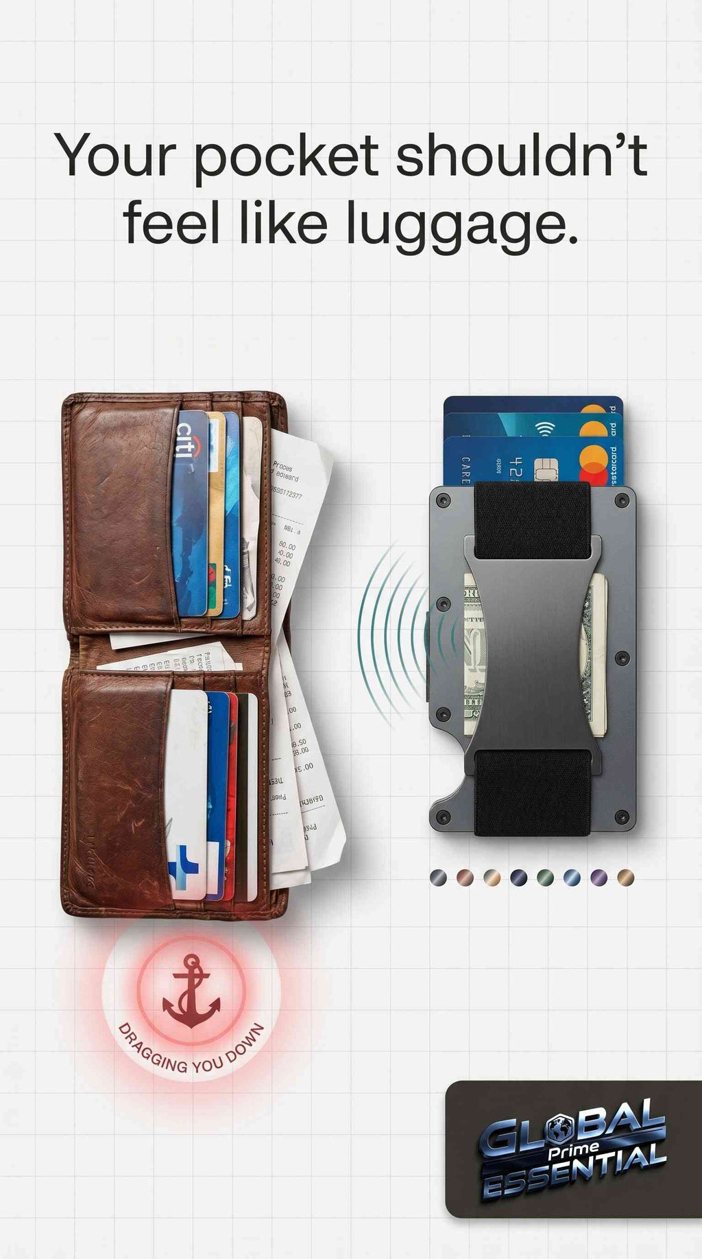 Global Prime Essential minimalist RFID blocking aluminum wallet with slim design, holds 15 cards and cash strap in various colors.