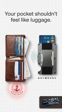 Global Prime Essential minimalist RFID blocking aluminum wallet with slim design, holds 15 cards and cash strap in various colors.