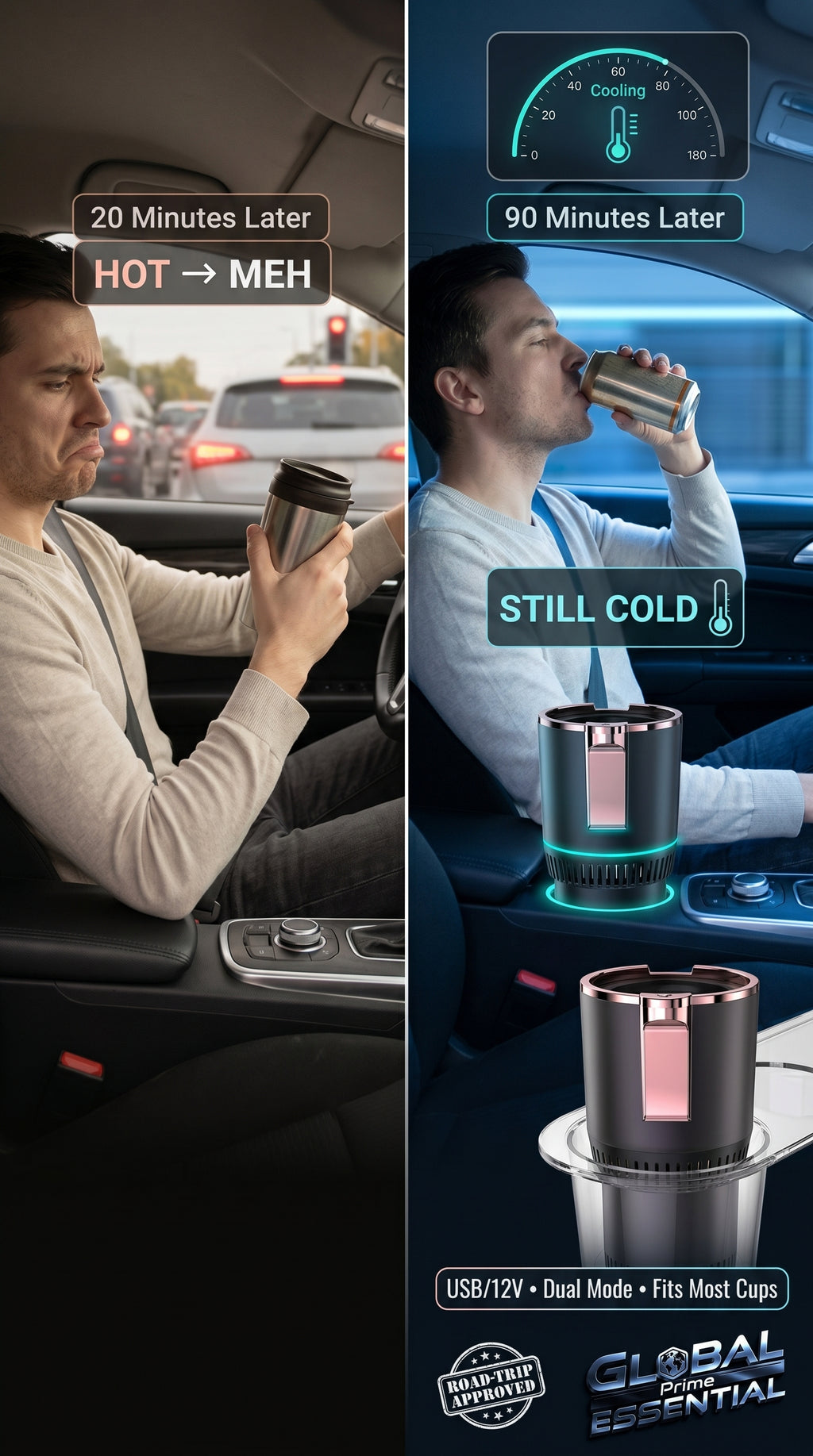 Global Prime Essential cooling and heating car cup holder keeps hot coffee warm and cold drinks chilled in your vehicle.