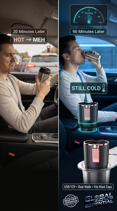 Global Prime Essential cooling and heating car cup holder keeps hot coffee warm and cold drinks chilled in your vehicle.