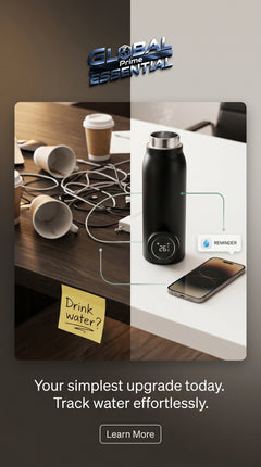 Smart Tuya water bottle by Global Prime Essential featuring a sleek design and digital hydration tracking display.