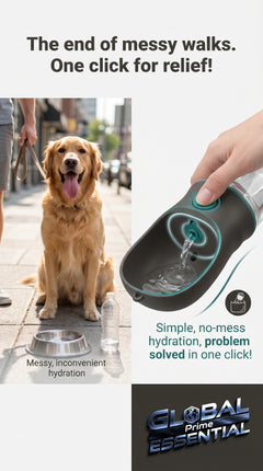 Portable pet water bottle from Global Prime Essential with a leak-proof design, perfect for hydrating pets on the go.