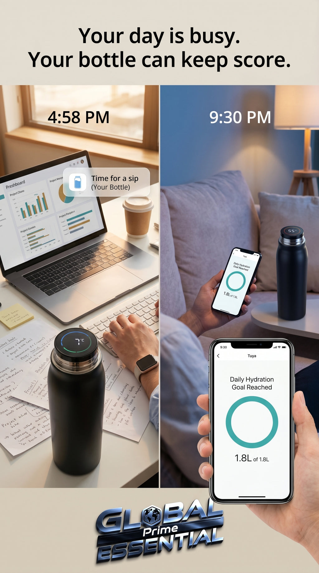 Smart Tuya water bottle by Global Prime Essential with digital display for easy hydration tracking.