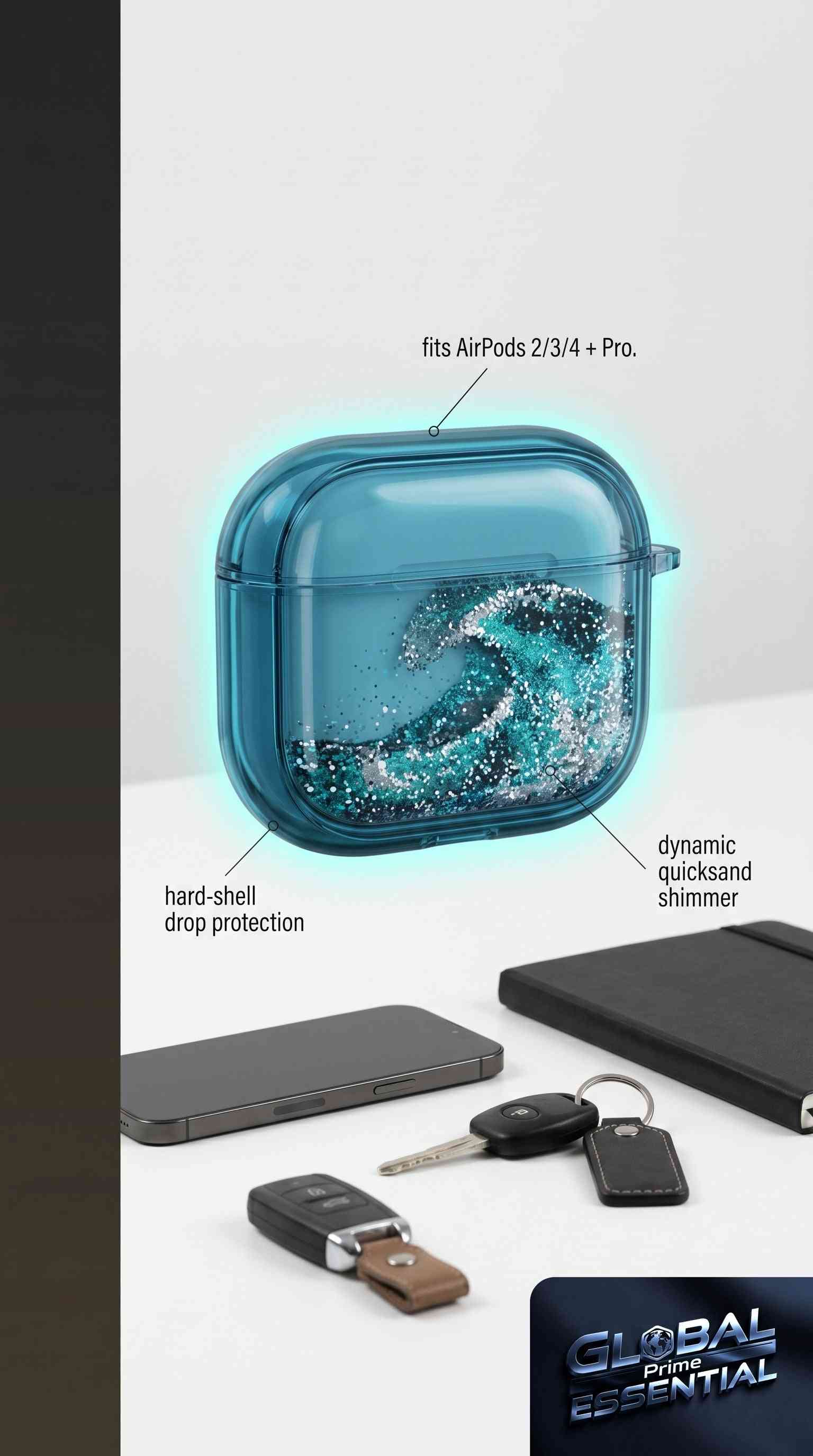 Luminous shiny hard shell AirPods case by Global Prime Essential, glow-in-the-dark quicksand design for AirPods 2-4 and Pro.