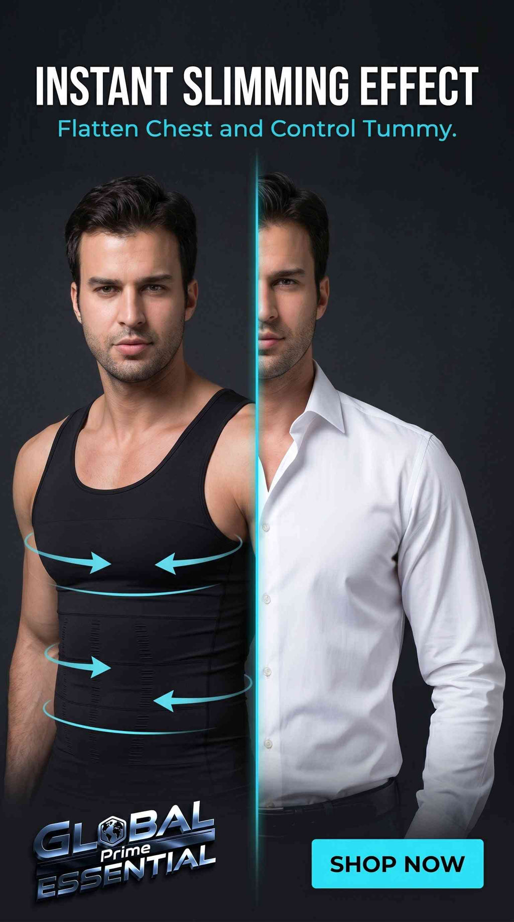Men's slimming compression vest by Global Prime Essential, designed for chest flattening and tummy control with an instant slimming effect.
