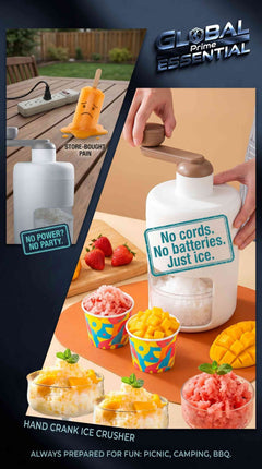 Global Prime Essential hand crank ice crusher and slushie maker with icy snow cone in a fun, portable outdoor setting.