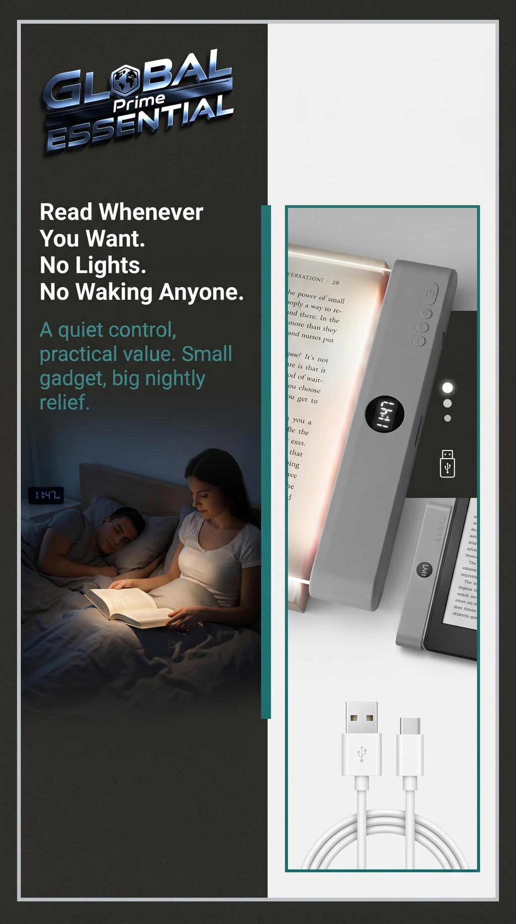 Global Prime Essential LED book light clip-on rechargeable reading lamp illuminating pages with adjustable brightness