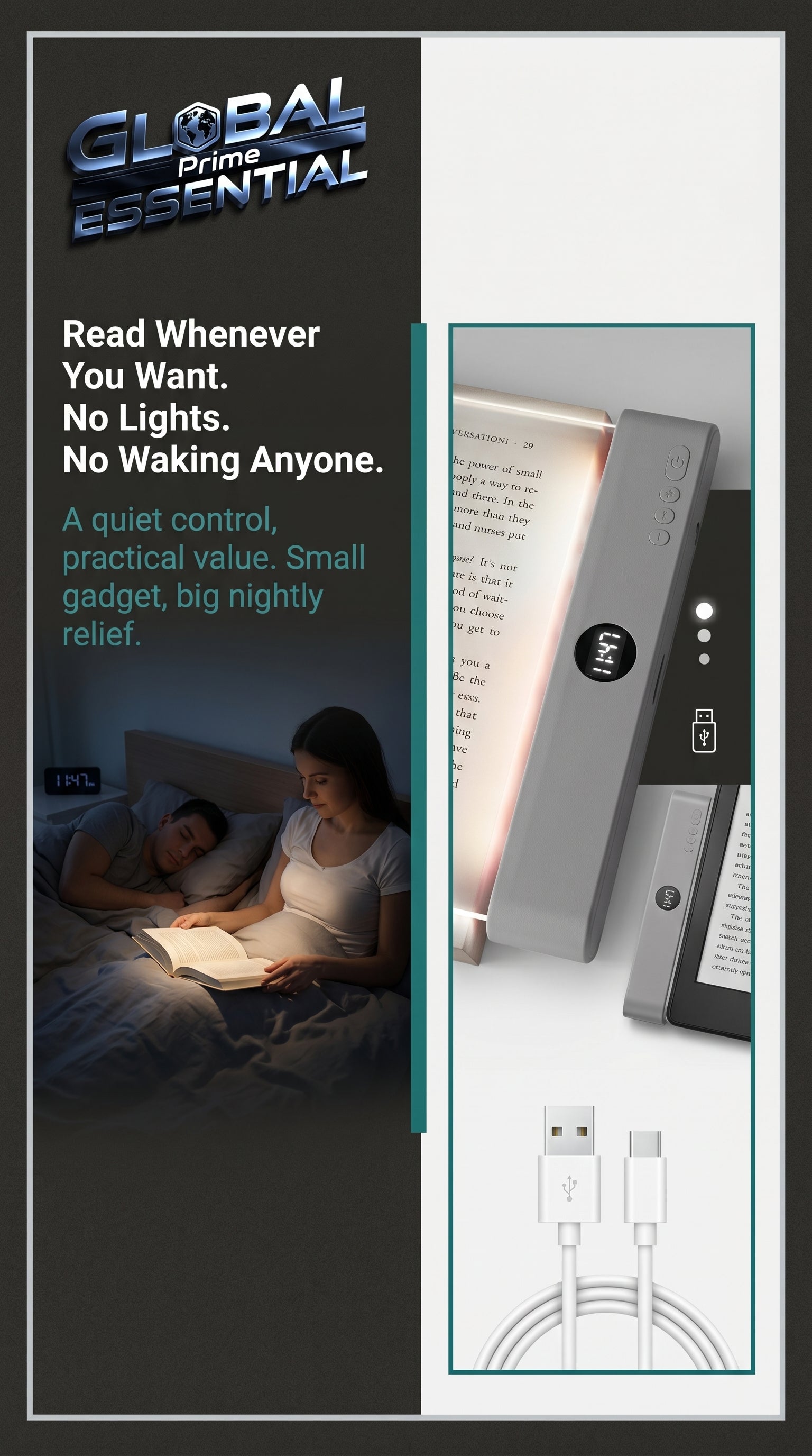 Global Prime Essential LED book light clip-on rechargeable reading lamp illuminating pages with adjustable brightness