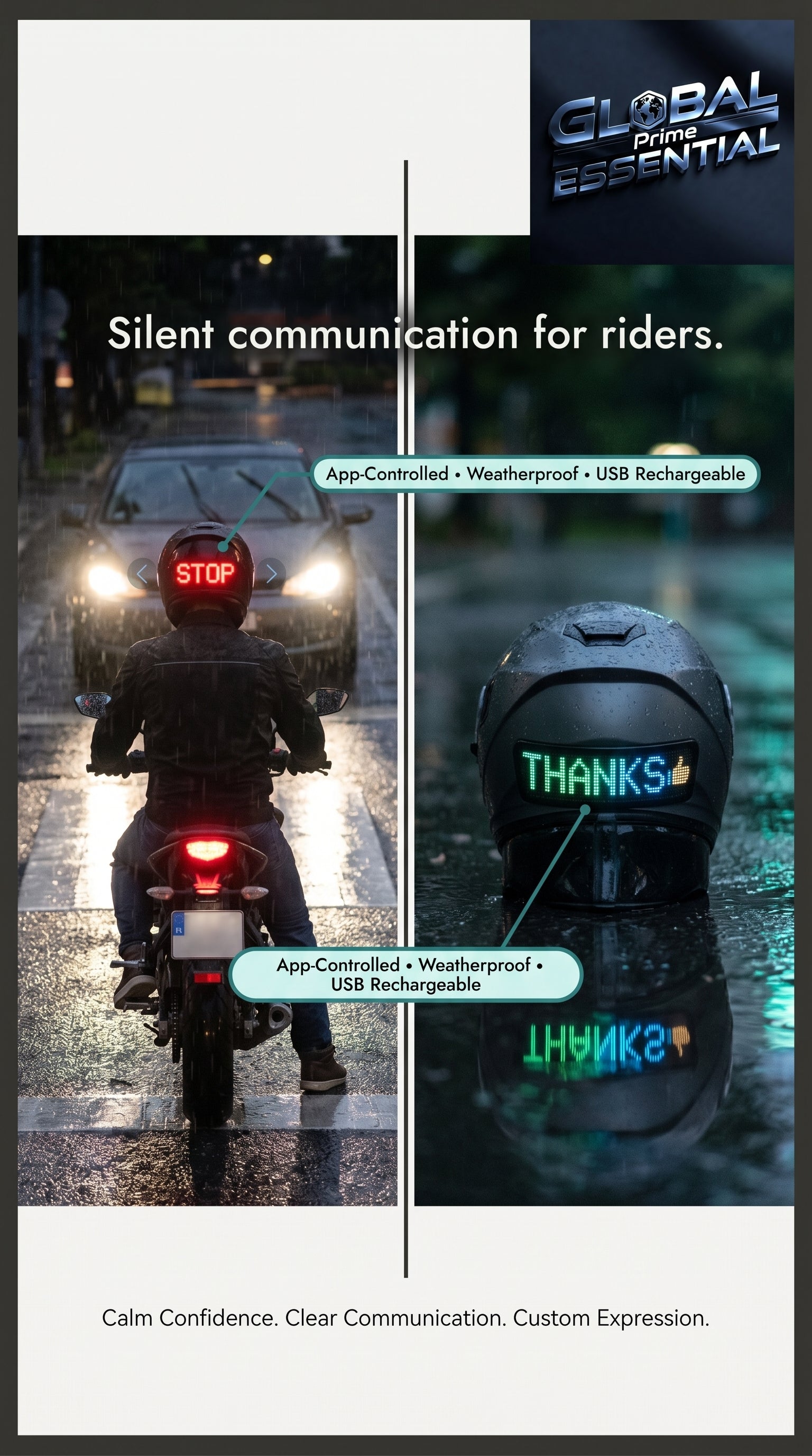 Global Prime Essential motorcycle helmet with programmable LED display for safety and style during rides.