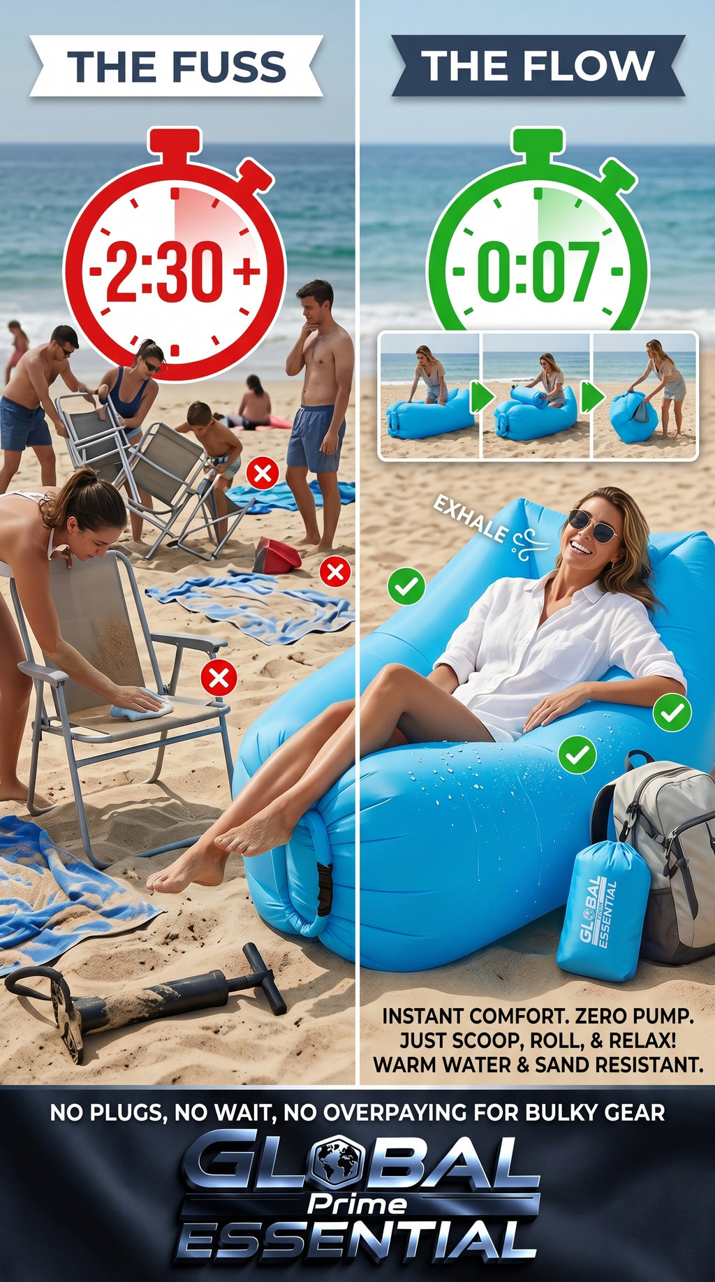 Global Prime Essential inflatable lounger on the beach, showcasing easy setup without a pump for instant comfort and relaxation.