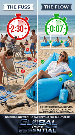 Global Prime Essential inflatable lounger on the beach, showcasing easy setup without a pump for instant comfort and relaxation.