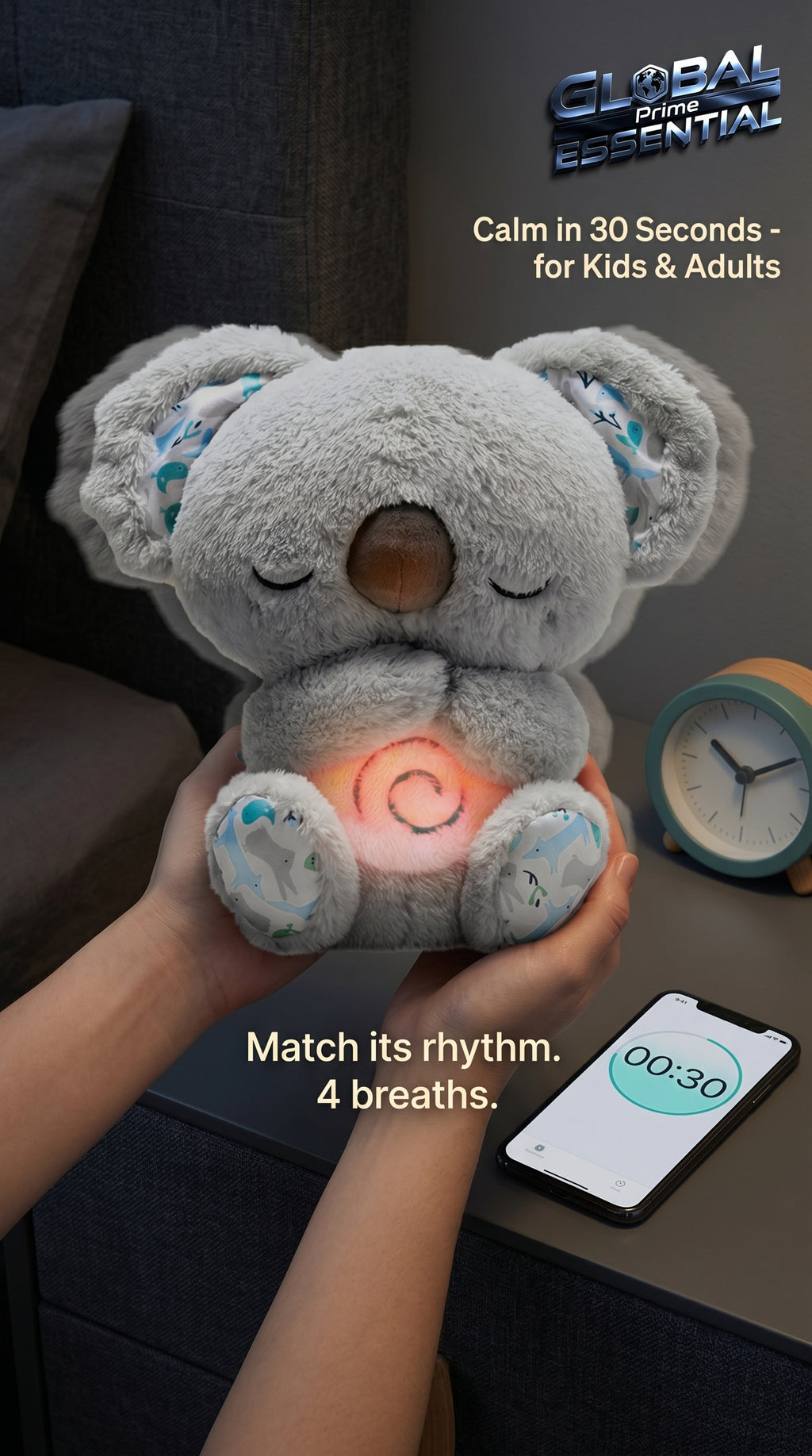Global Prime Essential Breathing Koala stress relief toy showing the plush koala with calming features for relaxation and anxiety relief.