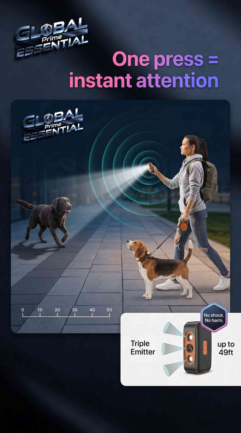 Global Prime Essential ultrasonic dog training and bark control device with LED flashlight, 49ft range and triple emitter for effective training.