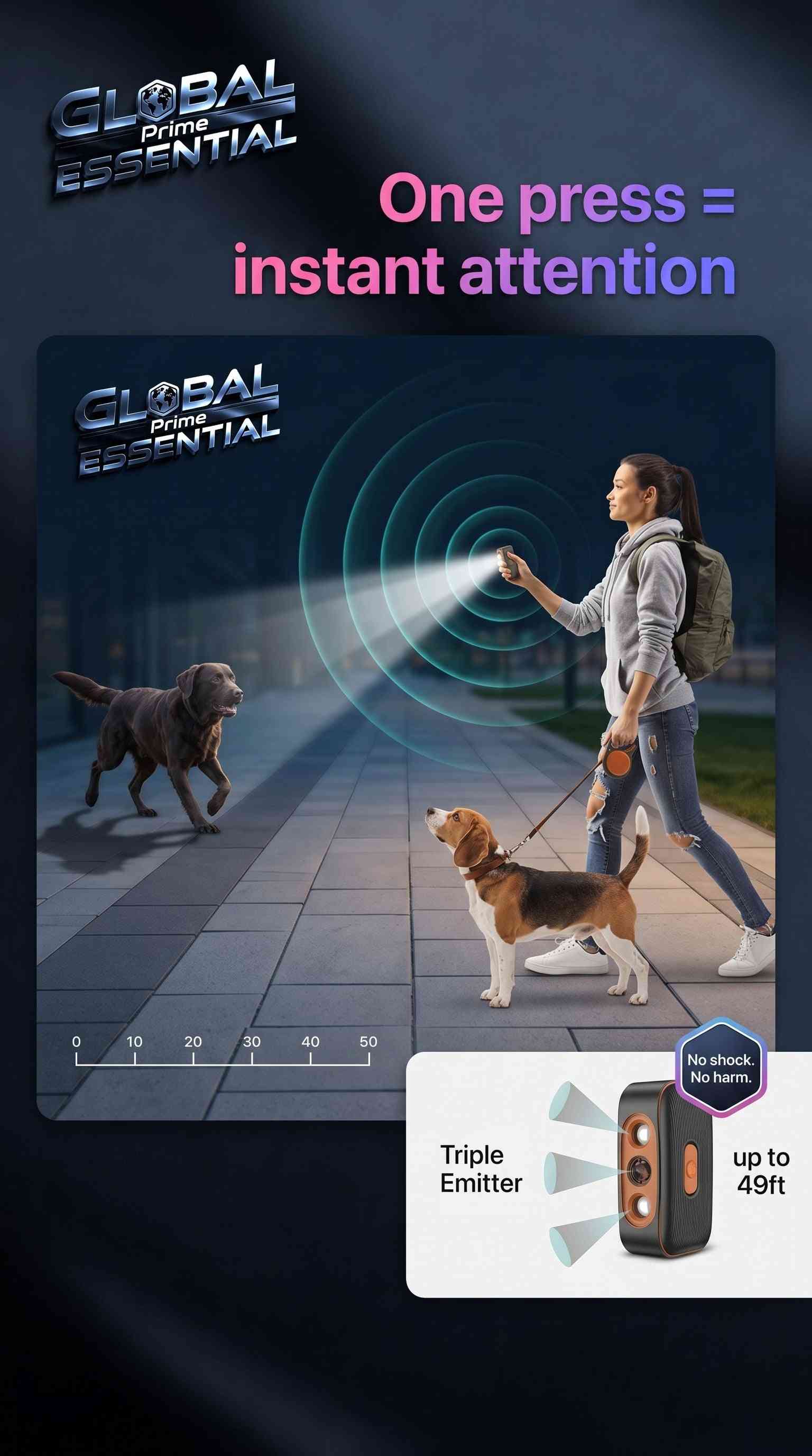 Global Prime Essential ultrasonic dog training and bark control device with LED flashlight, 49ft range and triple emitter for effective training.