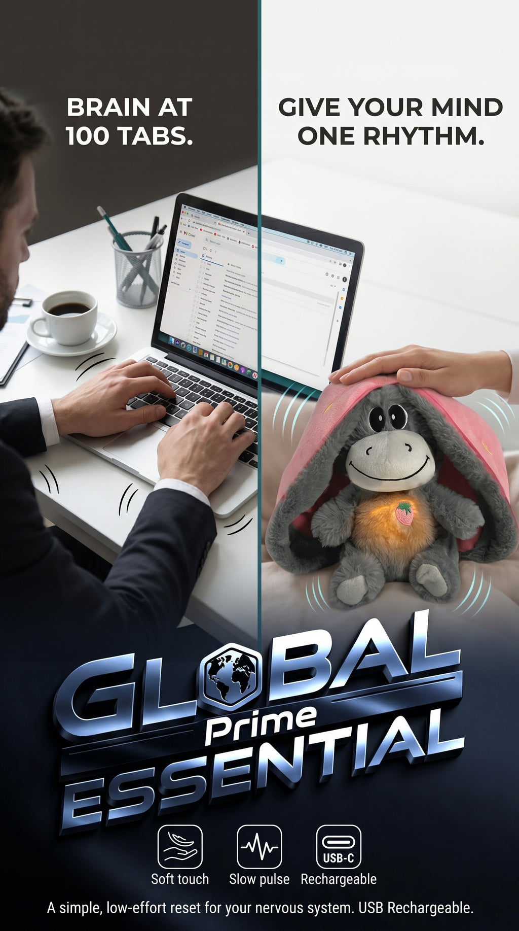 Global Prime Essential Strawberry Donkey Breathing Plush Doll, a calming plush toy with a cute strawberry donkey design for stress relief.