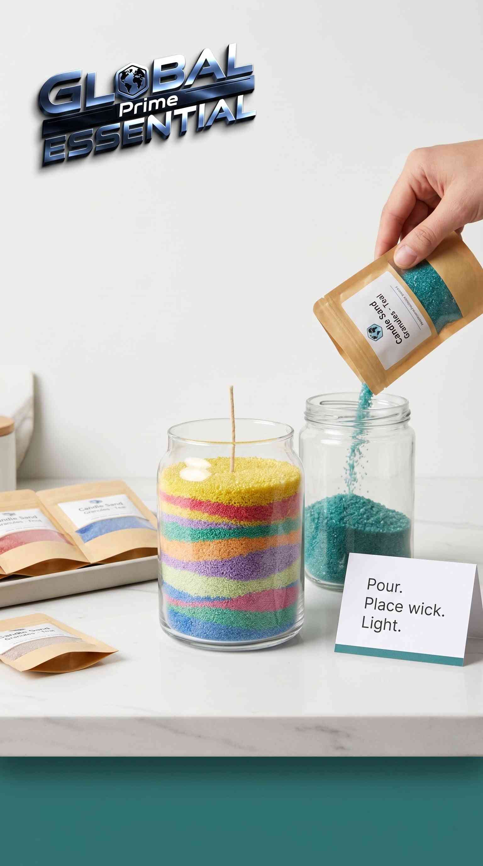 Colorful granular pearl candle wax from Global Prime Essential, shown in a jar ready for DIY candle making with vibrant 16 colors.